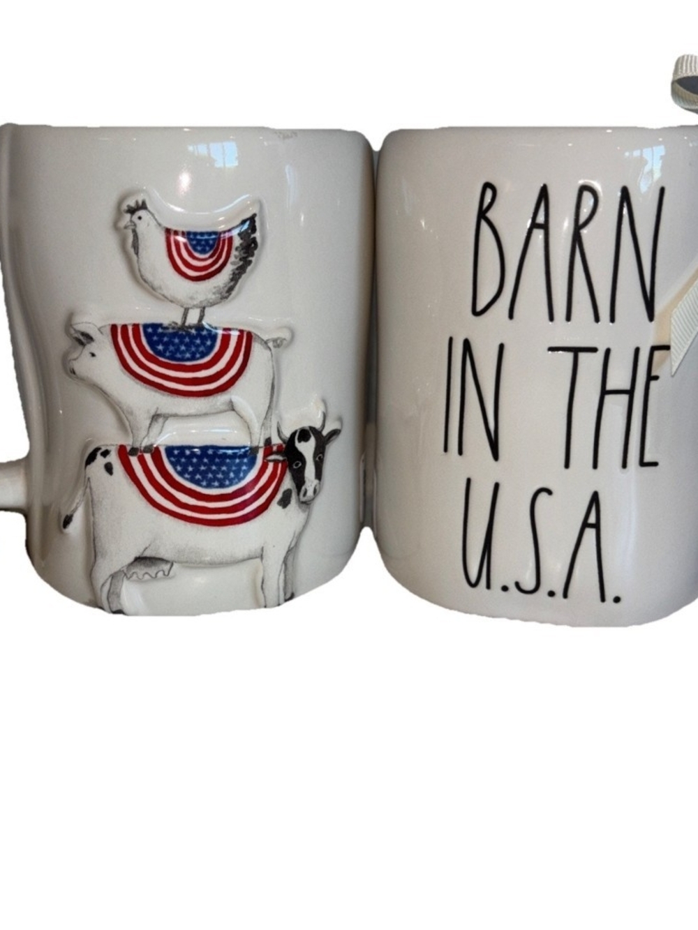 Rae Dunn White Mug Set with Red, Blue and Black Farm Animal Design